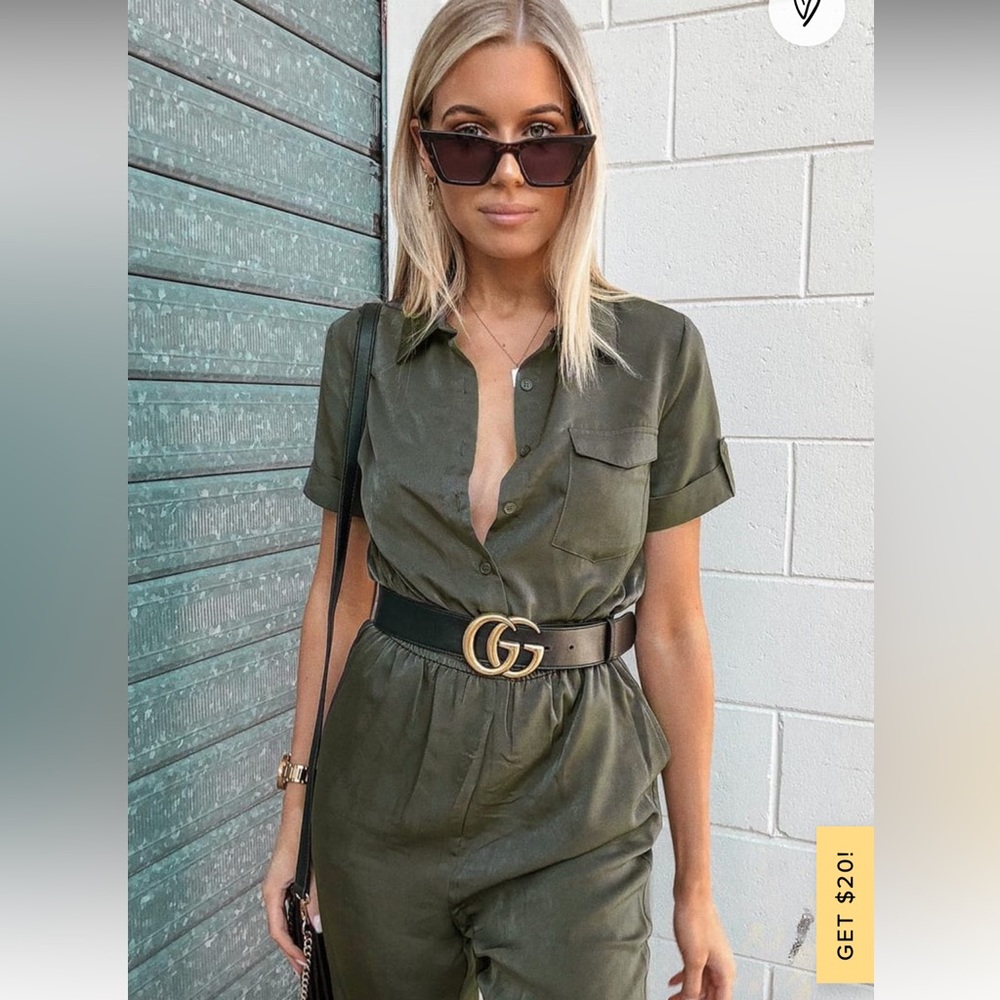 Lulu’s Jacintha Olive Green Satin Short Sleeve Jumpsuit